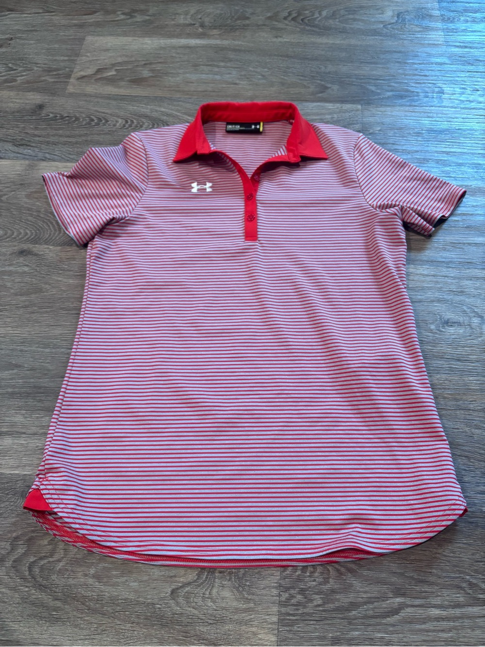 Under Armour HeatGear Women’s Golf Polo S Red Gray Striped Loose Fit Athletic